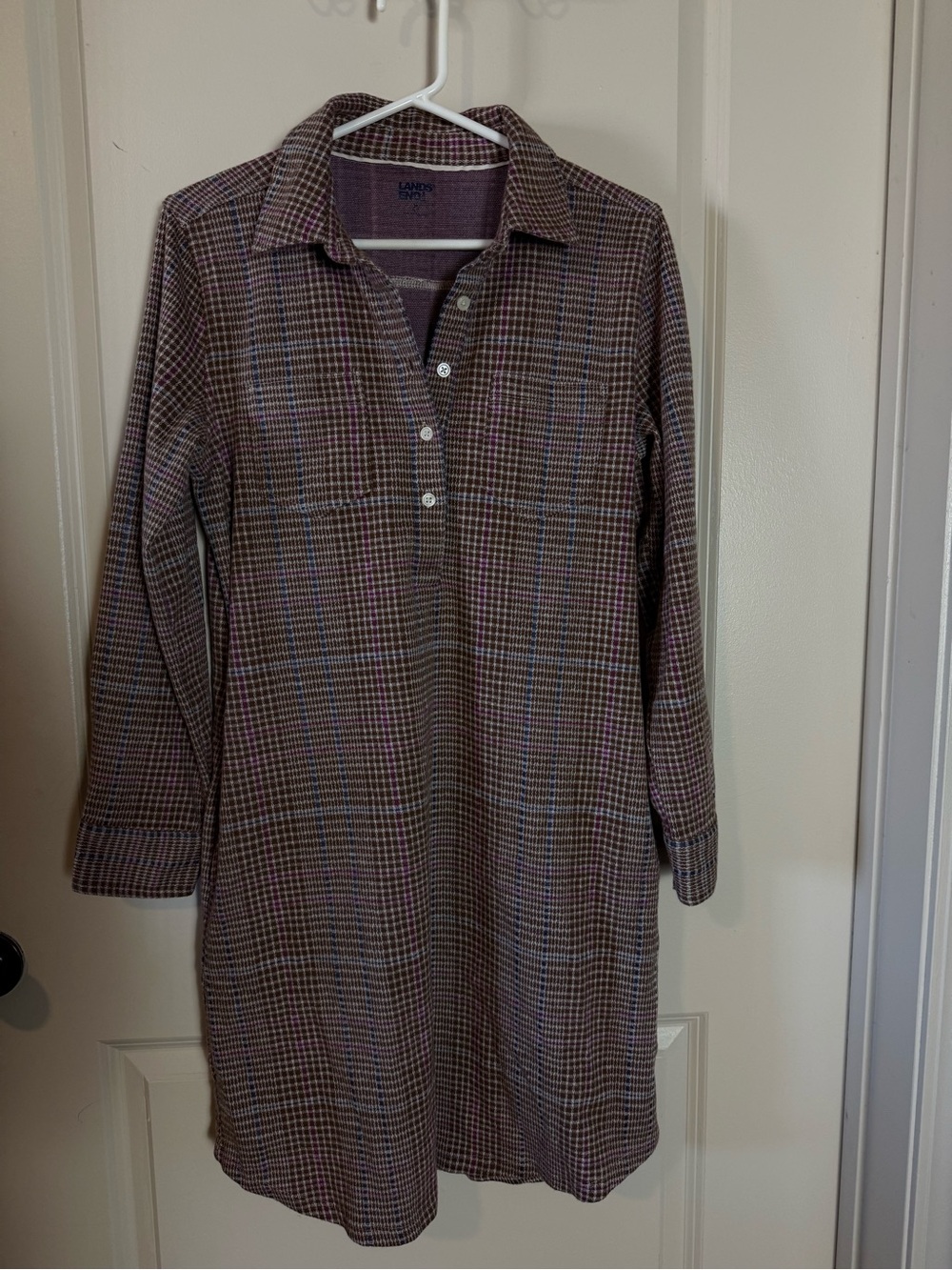 Lands' End Brown and Purple Plaid Button-Front Shirt Dress